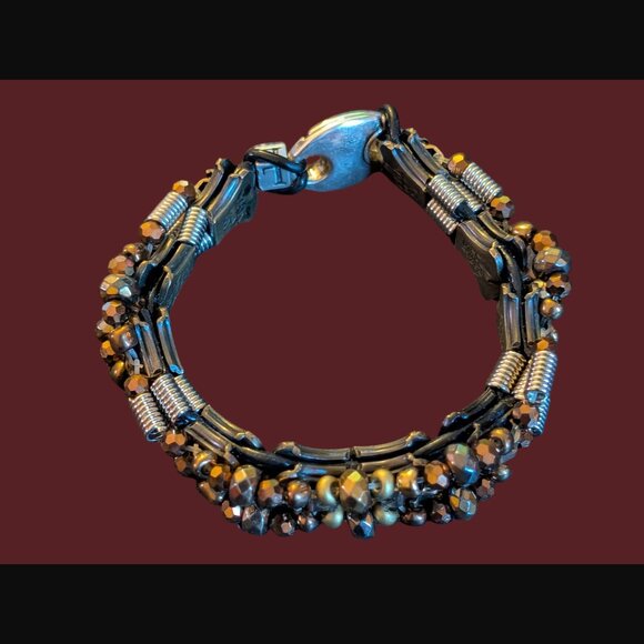 925 Sterling Silver Clasp Artisan Made Beaded Zipper Statement Bracelet 6.25" - Picture 3 of 14